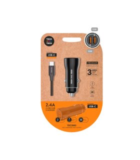 Cargador de Coche Doble USB A 12W 2,4A Negro con Cable USB-C