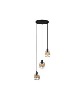 Plafón de Techo 3 Luces E14 Negro y Ratán Altura Regulable Zenda