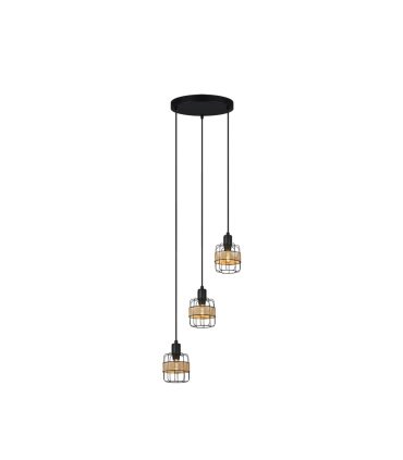 Plafón de Techo 3 Luces E14 Negro y Ratán Altura Regulable Zenda