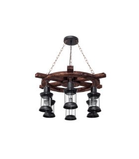 Lámpara Colgante Rústica 6 Luces E27 Negra y Madera 75x75 cm Finca