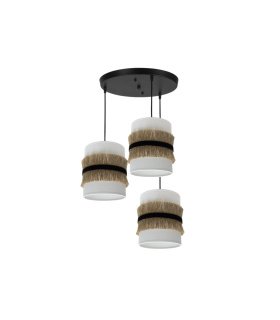 Plafón Colgante 3 Luces E27 Negro con Pantallas Blanco, Negro y Yute 42 cm Angola